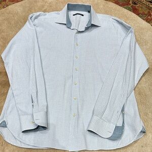 Men's HAMMER MADE 44/17.5 Light Blue Micro-Check Dress Shirt - Spread Collar